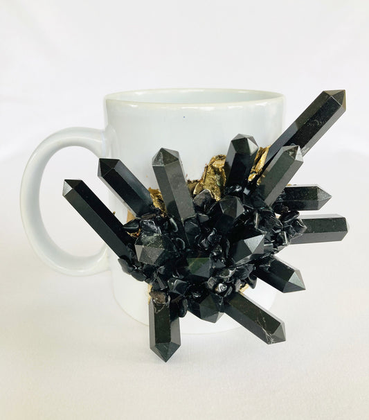 Set of 2 |Personalised White Ceramic Big Coffee/Tea/Juice Mug with Gold Plated Black Agate/Quartz Semi-precious Gemstones | 13 oz/385ml