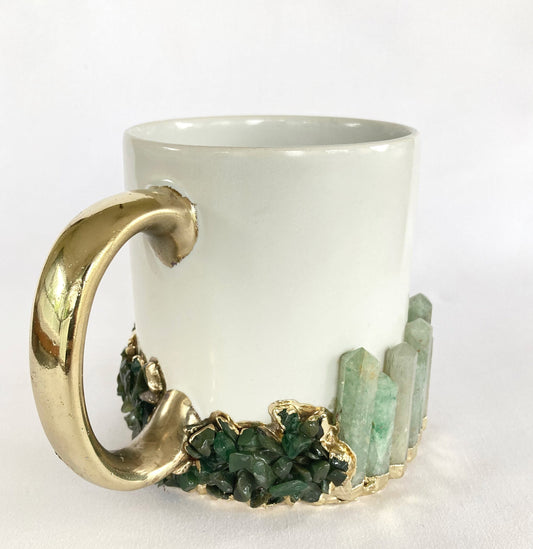 Set of 2 | Personalised White and Gold Ceramic Big Coffee/Tea/Juice/Beverage Mug with Green Semi-precious Agate Crystal | 13 oz/385ml