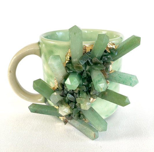 Set of 2 |Personalised Green Marble Effect Ceramic Big Coffee/Tea/Juice Mug with Gold Plated Green Agate Semi-precious | 11 oz/325 ml