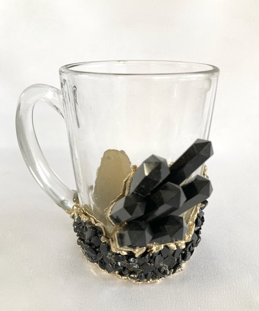Set of 2 |Crystal Glass Coffee/Tea/Juice Mugs with Gold Plated Black Agate Semi-precious Crystals | 11 oz/320 ml