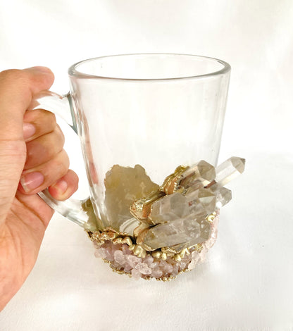 Set of 2 |Crystal Glass Coffee/Tea/Juice Mugs with Gold Plated Clear Crystal and Rose Quartz Agate Semi-precious Crystals | 11 oz/320 ml