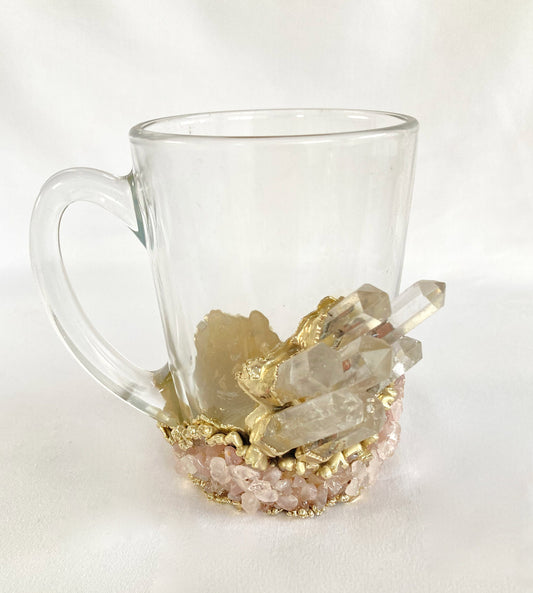 Set of 2 |Crystal Glass Coffee/Tea/Juice Mugs with Gold Plated Clear Crystal and Rose Quartz Agate Semi-precious Crystals | 11 oz/320 ml
