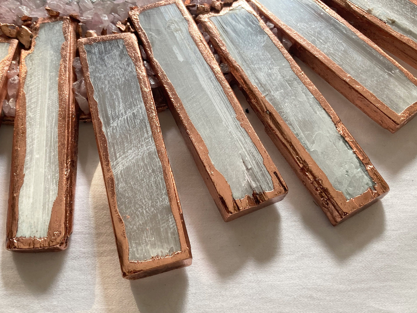 Starburst - Handmade 20" Round Rose Gold Plated Selenite Mirror with Rose Quartz Agate Crystal Gemstones