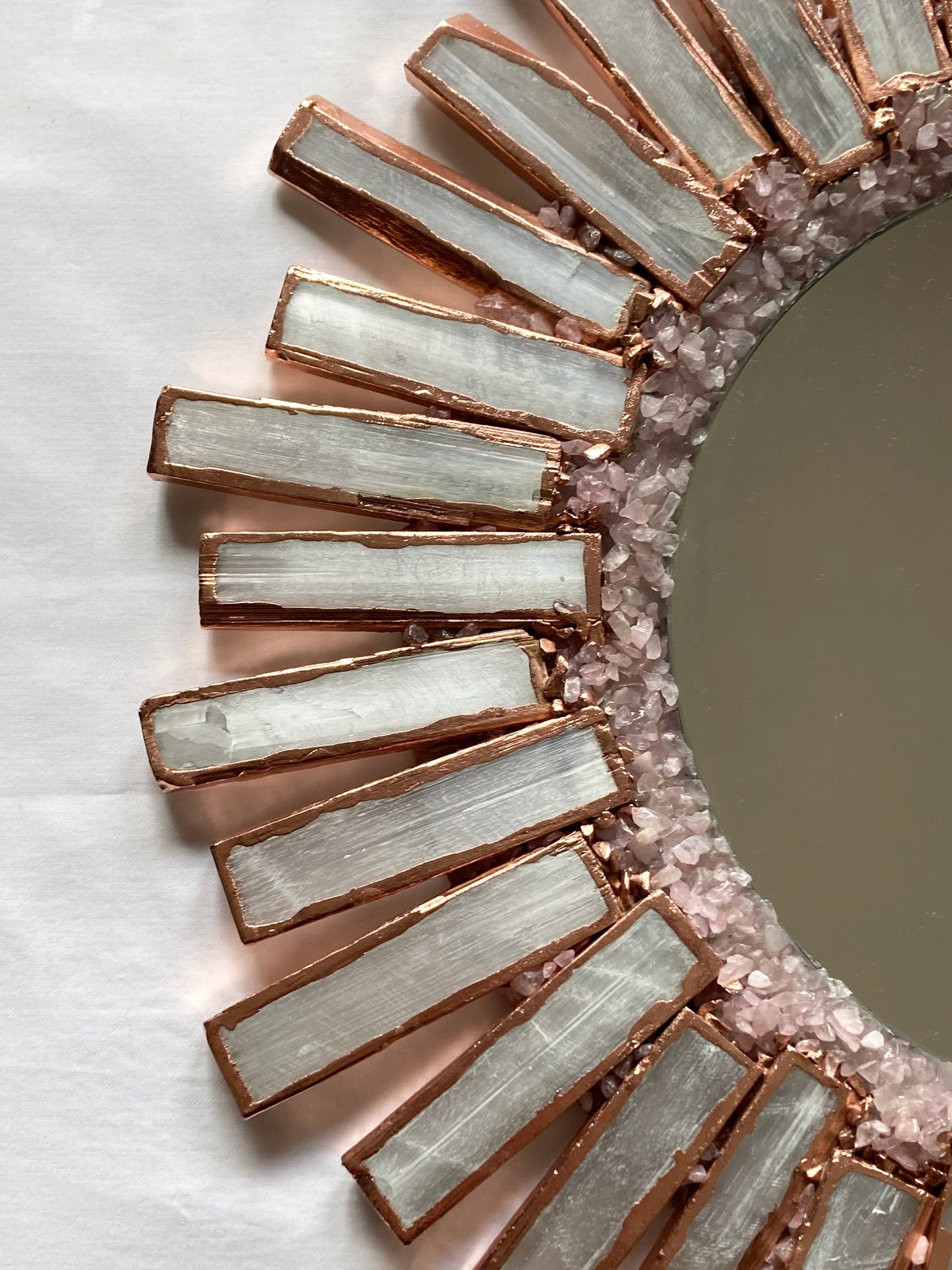 Starburst - Handmade 20" Round Rose Gold Plated Selenite Mirror with Rose Quartz Agate Crystal Gemstones