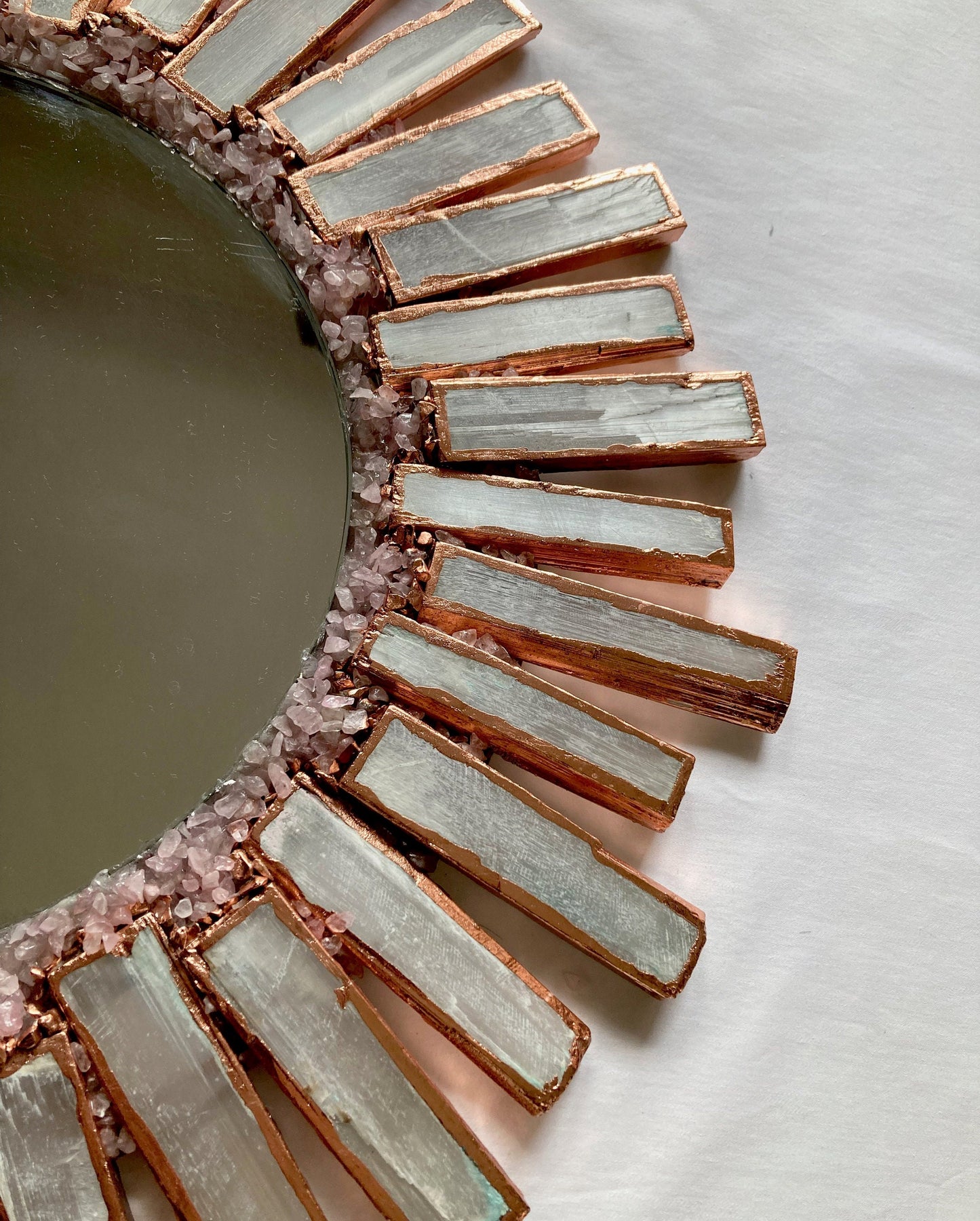 Starburst - Handmade 20" Round Rose Gold Plated Selenite Mirror with Rose Quartz Agate Crystal Gemstones