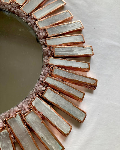 Starburst - Handmade 20" Round Rose Gold Plated Selenite Mirror with Rose Quartz Agate Crystal Gemstones