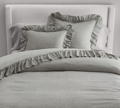 Light Grey - 100% Pure Linen | Linen Cotton Mix | 3 Piece Ruffle Duvet Cover Set | Handmade | Pre-washed | Soft