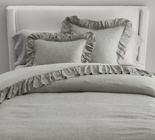 Light Grey - 100% Pure Linen | Linen Cotton Mix | 3 Piece Ruffle Duvet Cover Set | Handmade | Pre-washed | Soft
