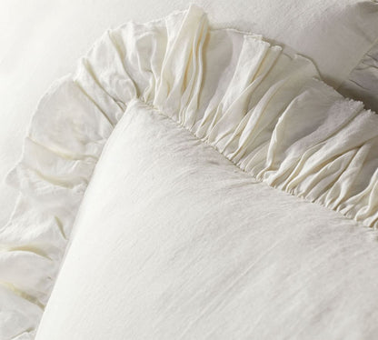 Ivory - 100% Pure Linen | Linen Cotton Mix | 3 Piece Ruffle Duvet Cover Set | Handmade | Pre-washed | Soft