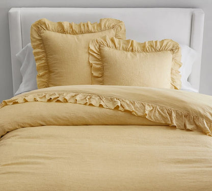 Yellow - 100% Pure Linen | Linen Cotton Mix | 3 Piece Ruffle Duvet Cover Set | Handmade | Pre-washed | Soft