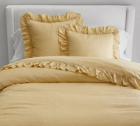 Yellow - 100% Pure Linen | Linen Cotton Mix | 3 Piece Ruffle Duvet Cover Set | Handmade | Pre-washed | Soft