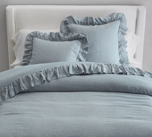 Sky Blue - 100% Pure Linen | Linen Cotton Mix | 3 Piece Ruffle Duvet Cover Set | Handmade | Pre-washed | Soft