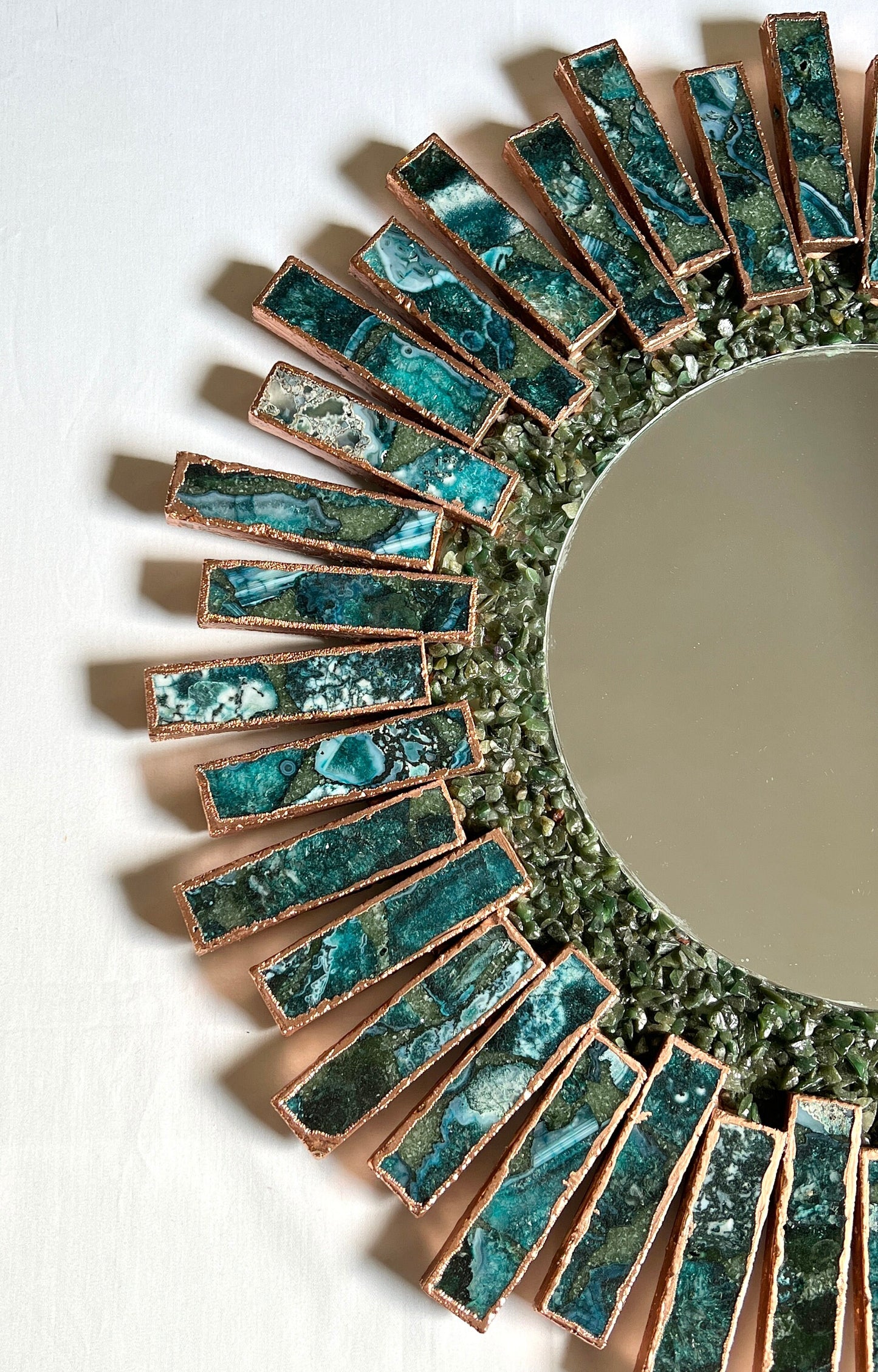 Starburst - Handmade 20" Round Rose Gold Plated Agate Mirror with Blue Green Agate Crystal Gemstones