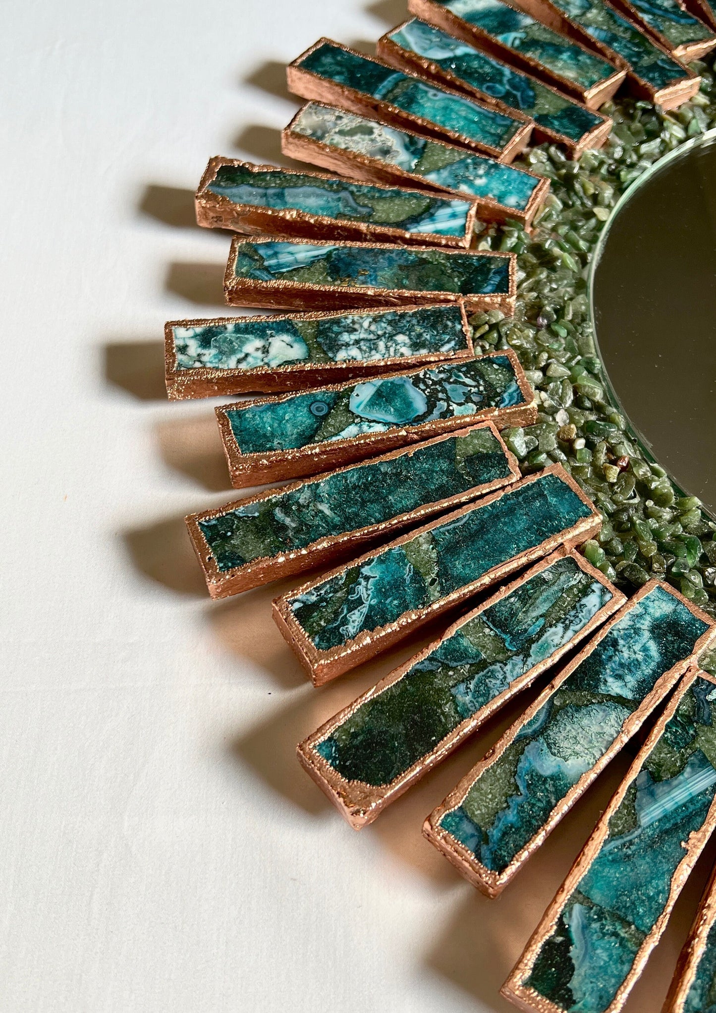 Starburst - Handmade 20" Round Rose Gold Plated Agate Mirror with Blue Green Agate Crystal Gemstones