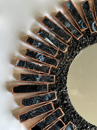 Starburst - Handmade 20" Round Rose Gold Plated Agate Mirror with Blue Black Agate Crystal Gemstones