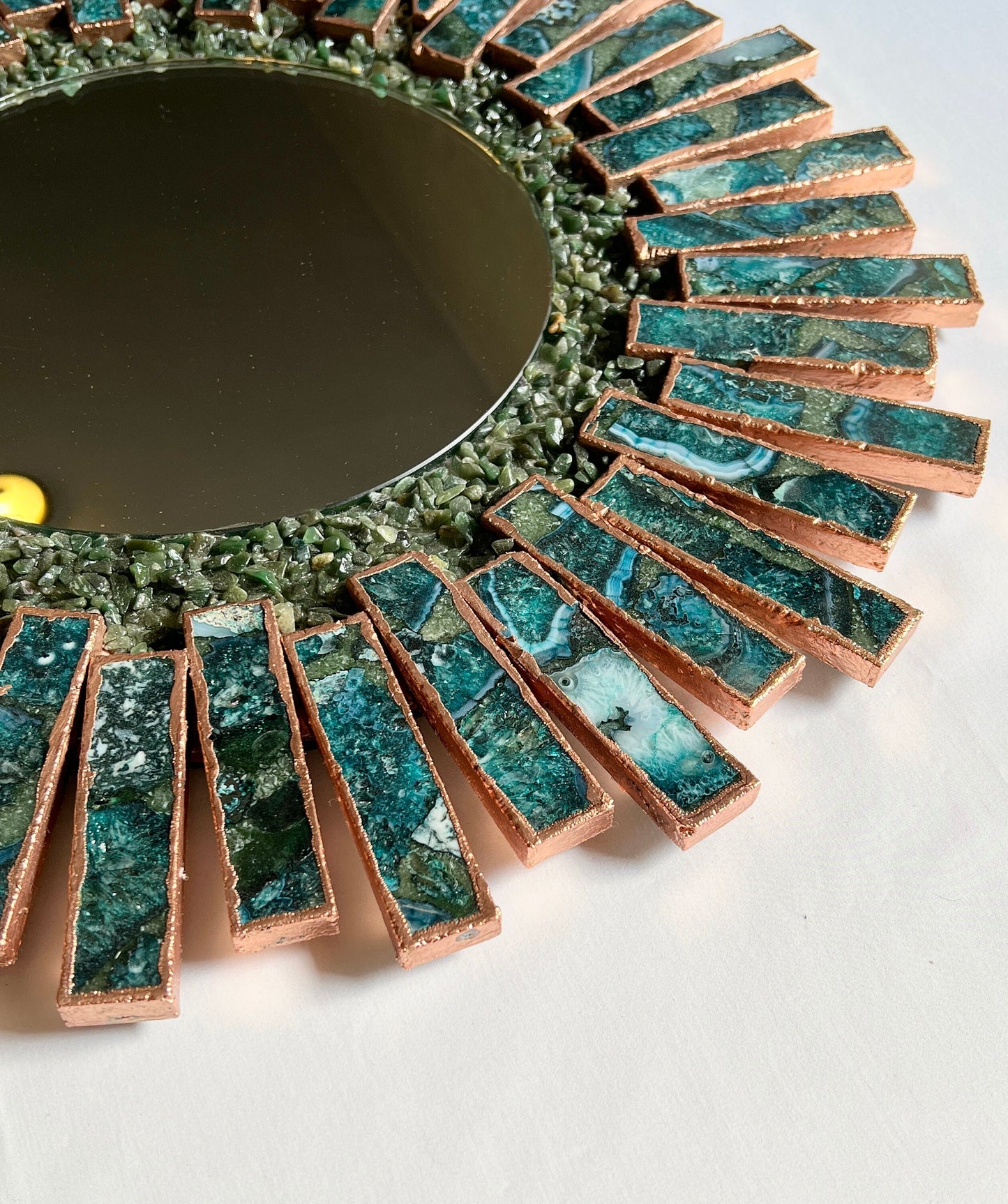Starburst - Handmade 20" Round Rose Gold Plated Agate Mirror with Blue Green Agate Crystal Gemstones