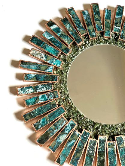 Starburst - Handmade 20" Round Rose Gold Plated Agate Mirror with Blue Green Agate Crystal Gemstones
