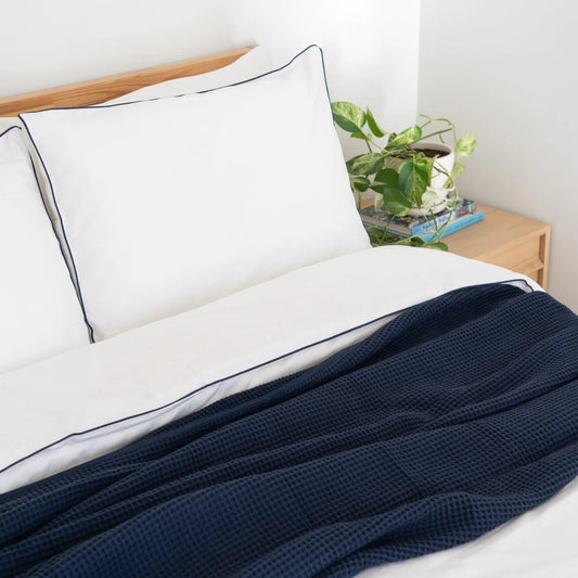 White with Navy Blue Piping  - Pure Cotton, Pure Linen or Linen Cotton Mix | 3 Piece Piped Duvet Cover Set | Handmade | Pre-washed