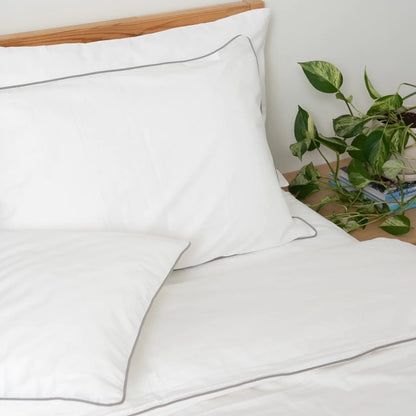 White with Light Grey Piping  - Pure Cotton, Pure Linen or Linen Cotton Mix | 3 Piece Piped Duvet Cover Set | Handmade | Pre-washed