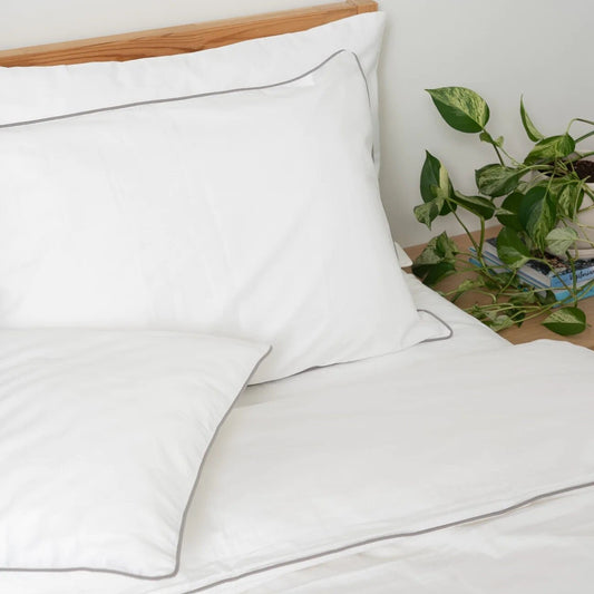 White with Light Grey Piping  - Pure Cotton, Pure Linen or Linen Cotton Mix | 3 Piece Piped Duvet Cover Set | Handmade | Pre-washed