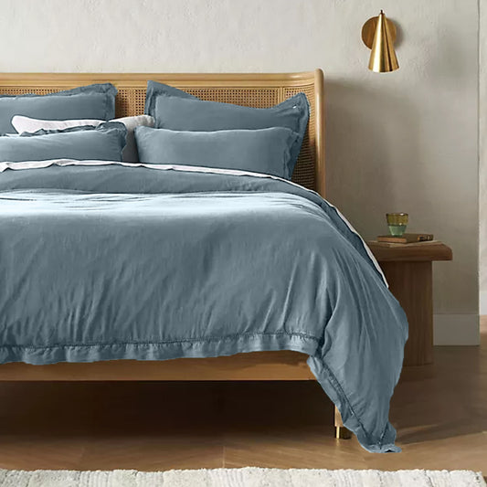 Embroidered Edge Sky Blue 100% Pure Linen | Linen Cotton Mix | 3 Piece Duvet Cover Set | 4 Piece Sheet Set | Handmade | Pre-washed | Soft