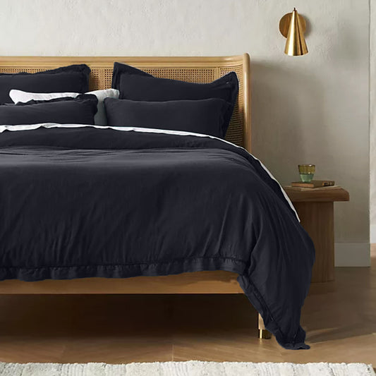 EmbroideredEdgeCharcoalBlack 100% Pure Linen | Linen Cotton Mix | 3 Piece Duvet Cover Set | 4 Piece Sheet Set | Handmade | Pre-washed | Soft