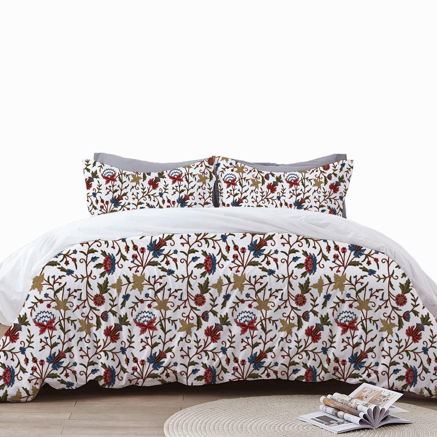 Sophia - 3 Piece Crewel Embroidered Duvet Set | Linen Cotton Mix | Embroidered Duvet Cover with Embroidered Pillowcases | Handmade | Soft