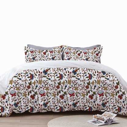 Sophia - 3 Piece Crewel Embroidered Duvet Set | Linen Cotton Mix | Embroidered Duvet Cover with Embroidered Pillowcases | Handmade | Soft