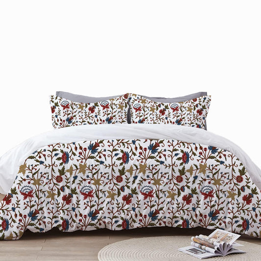 Sophia - 3 Piece Crewel Embroidered Duvet Set | Linen Cotton Mix | Embroidered Duvet Cover with Embroidered Pillowcases | Handmade | Soft