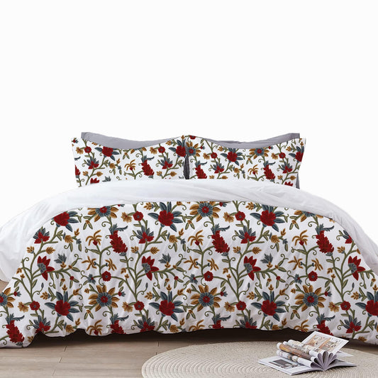 Sarah - 3 Piece Crewel Embroidered Duvet Set | Linen Cotton Mix | Embroidered Duvet Cover with Embroidered Pillowcases | Handmade | Soft