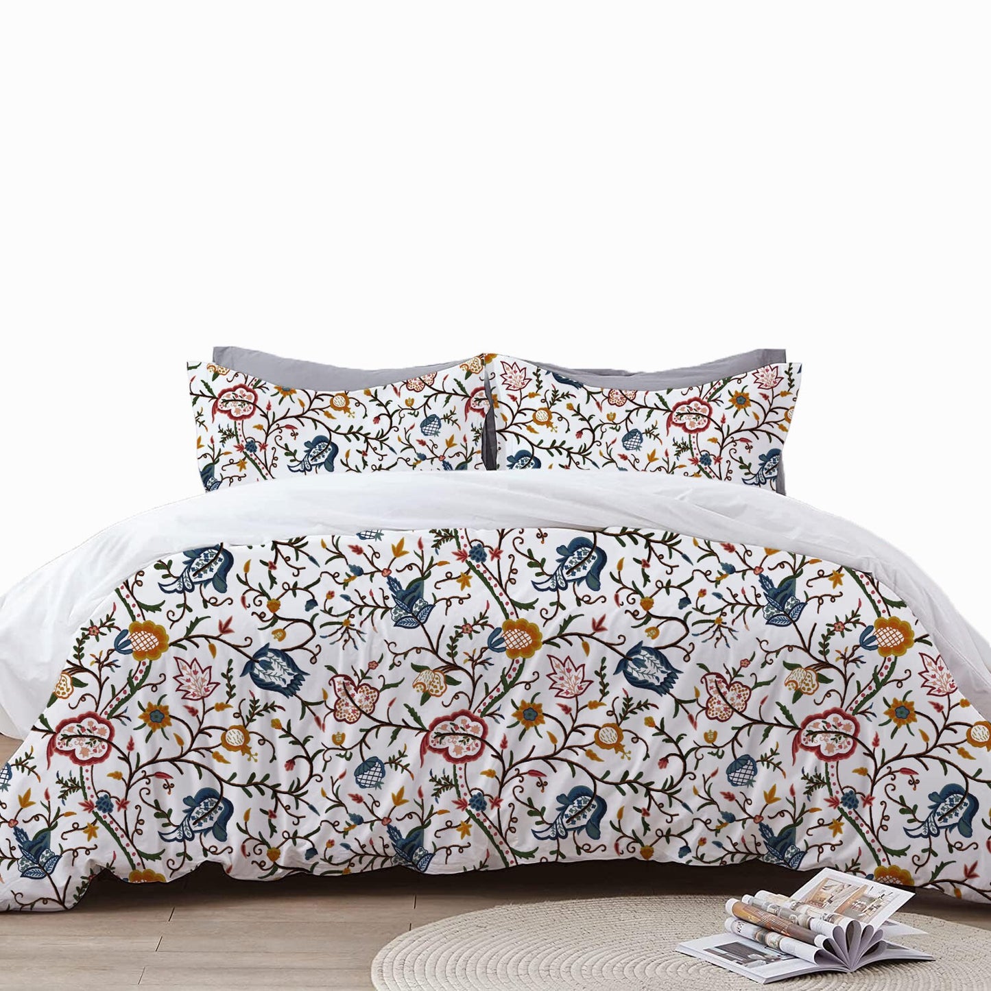 Jolene - 3 Piece Crewel Embroidered Duvet Set | Linen Cotton Mix | Embroidered Duvet Cover with Embroidered Pillowcases | Handmade | Soft