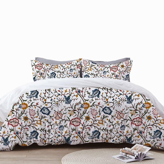 Jolene - 3 Piece Crewel Embroidered Duvet Set | Linen Cotton Mix | Embroidered Duvet Cover with Embroidered Pillowcases | Handmade | Soft