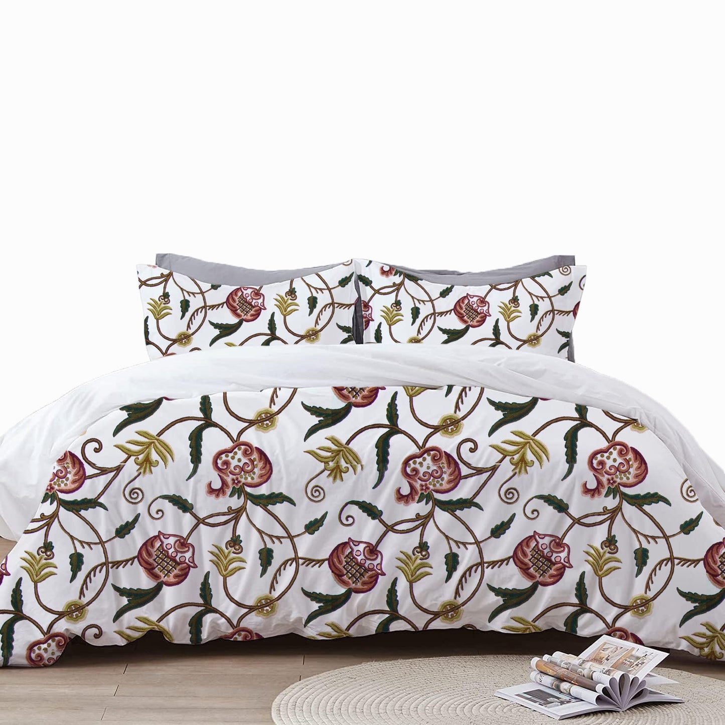 June - 3 Piece Crewel Embroidered Duvet Set | Linen Cotton Mix | Embroidered Duvet Cover with Embroidered Pillowcases | Handmade | Soft
