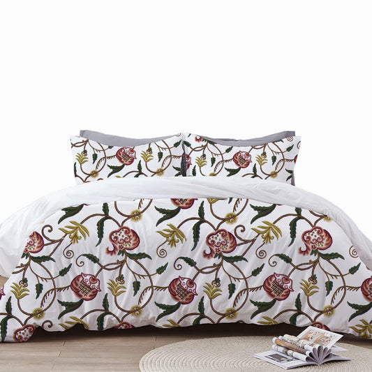 June - 3 Piece Crewel Embroidered Duvet Set | Linen Cotton Mix | Embroidered Duvet Cover with Embroidered Pillowcases | Handmade | Soft