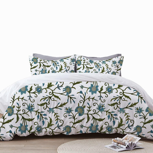 Jean - 3 Piece Crewel Embroidered Duvet Set | Linen Cotton Mix | Embroidered Duvet Cover with Embroidered Pillowcases | Handmade | Soft