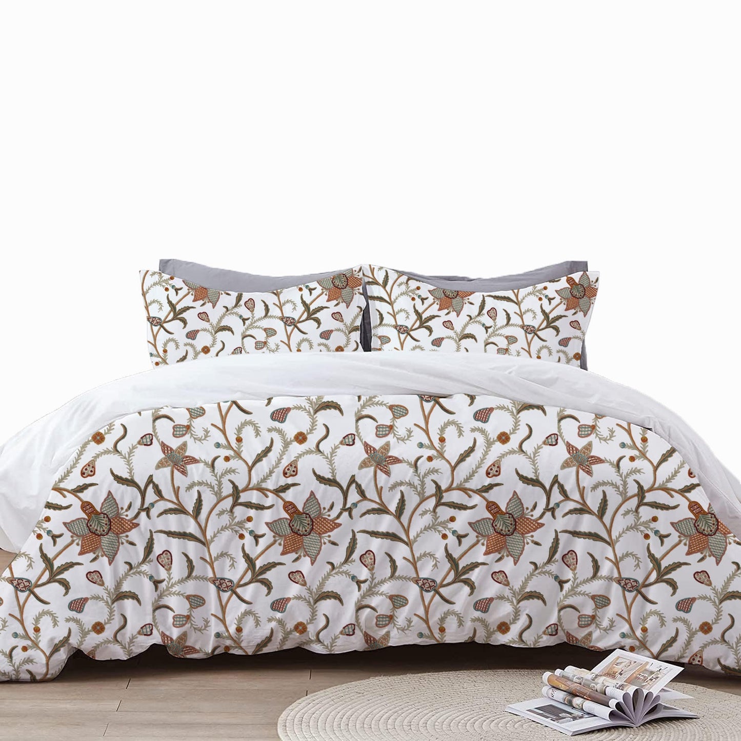 January - 3 Piece Crewel Embroidered Duvet Set | Linen Cotton Mix | Embroidered Duvet Cover with Embroidered Pillowcases | Handmade | Soft
