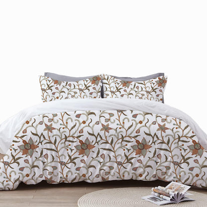 January - 3 Piece Crewel Embroidered Duvet Set | Linen Cotton Mix | Embroidered Duvet Cover with Embroidered Pillowcases | Handmade | Soft