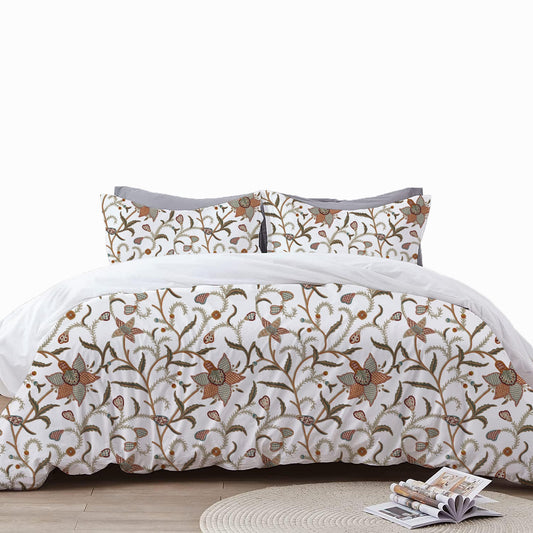 January - 3 Piece Crewel Embroidered Duvet Set | Linen Cotton Mix | Embroidered Duvet Cover with Embroidered Pillowcases | Handmade | Soft