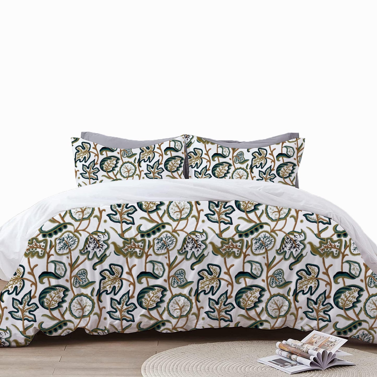 Jade - 3 Piece Crewel Embroidered Duvet Set | Linen Cotton Mix | Embroidered Duvet Cover with Embroidered Pillowcases | Handmade | Soft
