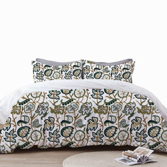 Jade - 3 Piece Crewel Embroidered Duvet Set | Linen Cotton Mix | Embroidered Duvet Cover with Embroidered Pillowcases | Handmade | Soft