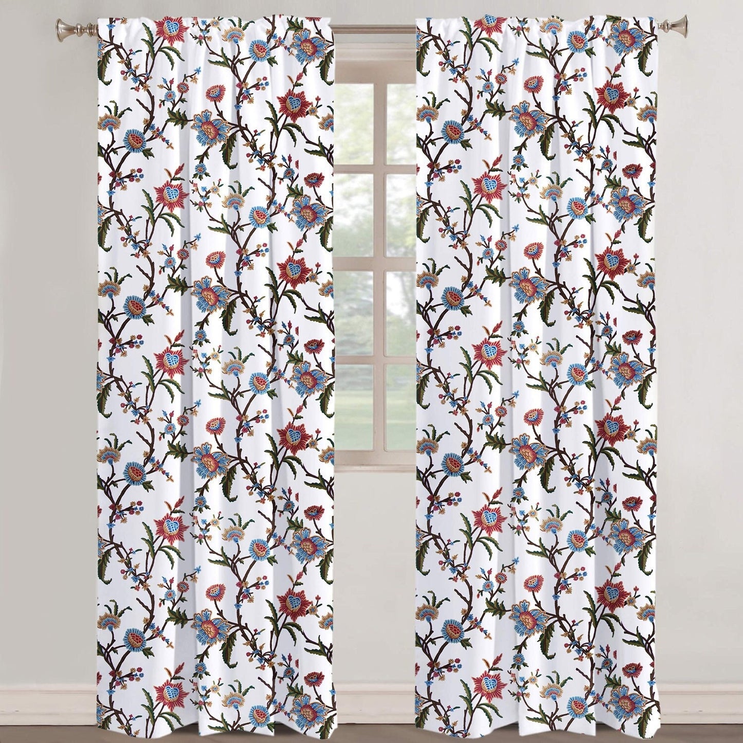 Jane - Set of 2 Panels Crewel Embroidered Curtains | Linen Cotton Mix | Fully Embroidered | Lined
