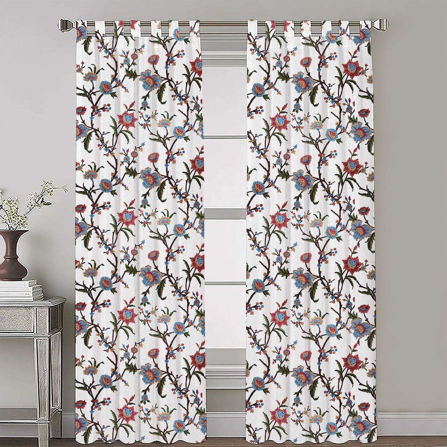 Jane - Set of 2 Panels Crewel Embroidered Curtains | Linen Cotton Mix | Fully Embroidered | Lined