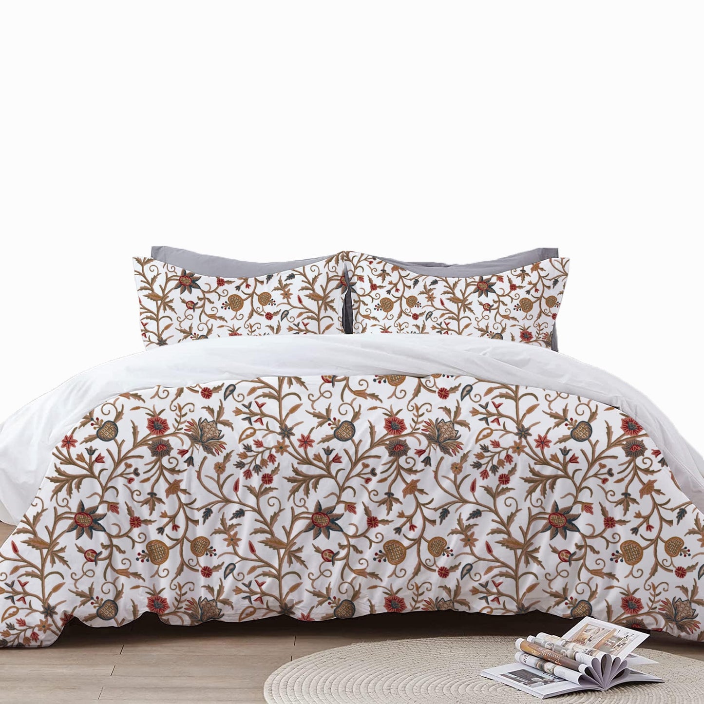 Mary - 3 Piece Crewel Embroidered Duvet Set | Linen Cotton Mix | Embroidered Duvet Cover with Embroidered Pillowcases | Handmade | Soft