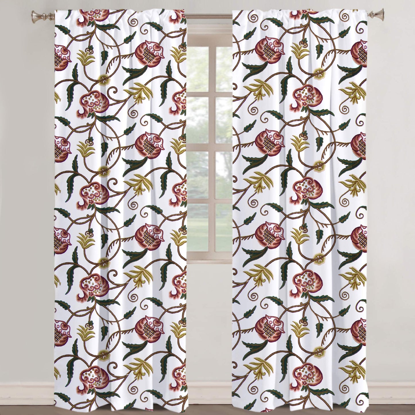 June - Set of 2 Panels Crewel Embroidered Curtains | Linen Cotton Mix | Fully Embroidered | Lined