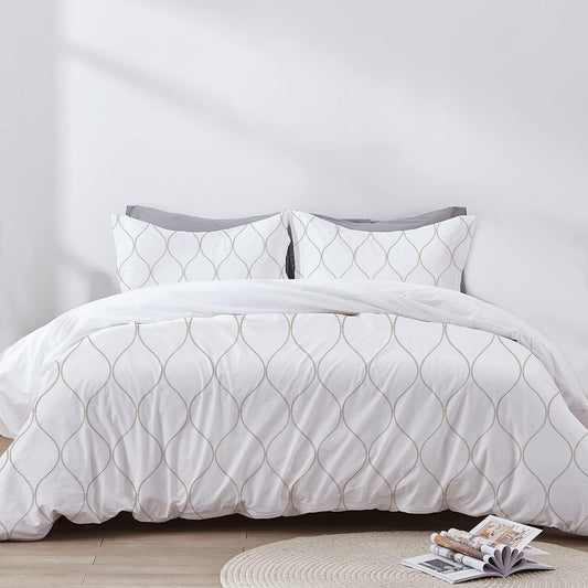 Amara - 3 Piece Crewel Embroidered Duvet Set | Linen Cotton Mix | Embroidered Duvet Cover with Embroidered Pillowcases | Handmade | Soft