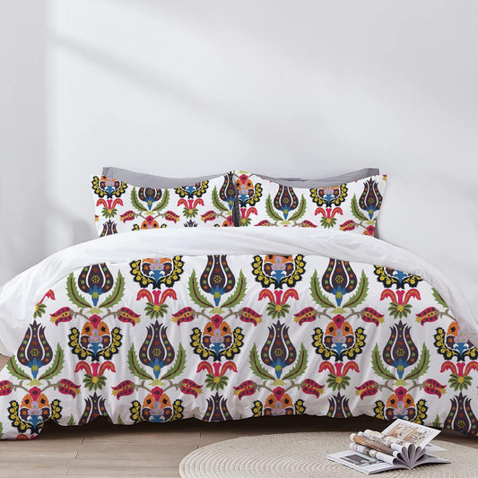 Eirene - 3 Piece Crewel Embroidered Duvet Set | Linen Cotton Mix | Embroidered Duvet Cover with Embroidered Pillowcases | Handmade | Soft
