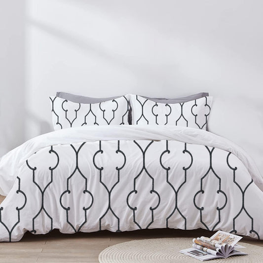 Leonora - 3 Piece Crewel Embroidered Duvet Set | Linen Cotton Mix | Embroidered Duvet Cover with Embroidered Pillowcases | Handmade | Soft