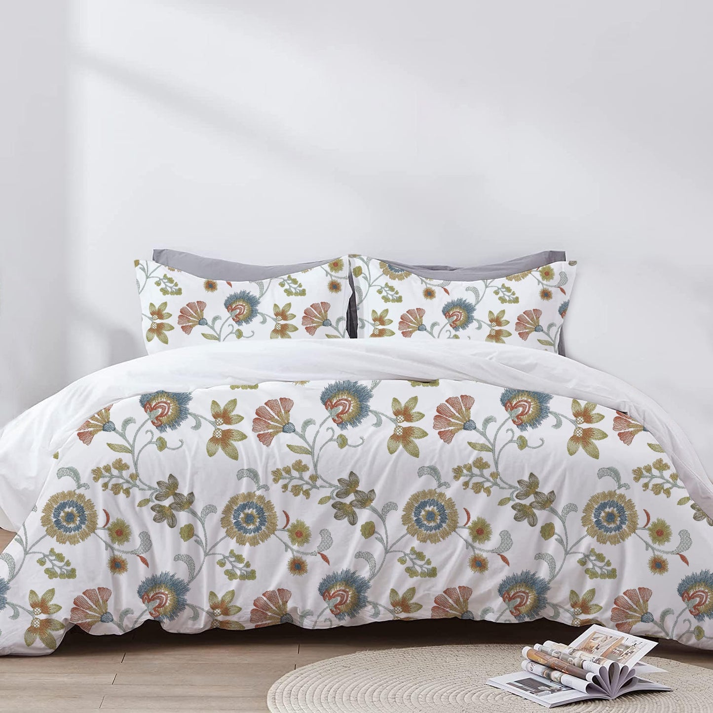 Calista - 3 Piece Crewel Embroidered Duvet Set | Linen Cotton Mix | Embroidered Duvet Cover with Embroidered Pillowcases | Handmade | Soft