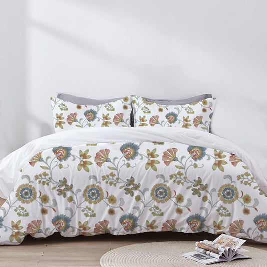 Calista - 3 Piece Crewel Embroidered Duvet Set | Linen Cotton Mix | Embroidered Duvet Cover with Embroidered Pillowcases | Handmade | Soft