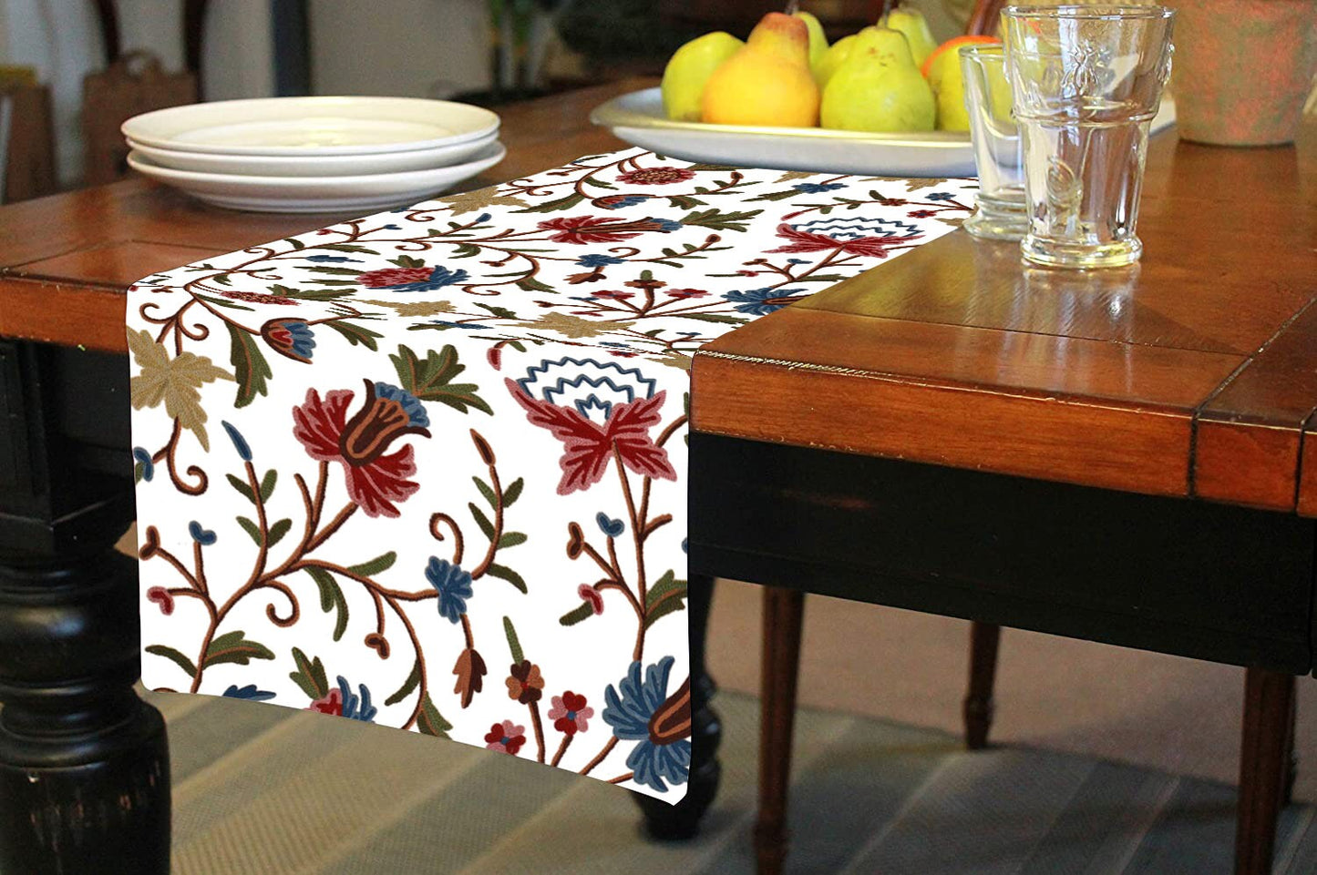 Sophia - Crewel Embroidered Table Runner | Linen Cotton Mix | Soft | Handmade | Cotton Linen Backing | Customisable Sizes
